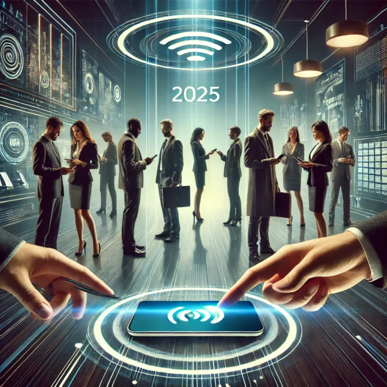 Futuristic office setting with professionals exchanging NFC-enabled business cards at a networking event. The scene shows diverse individuals using smartphones to exchange contact details, with glowing NFC logos and digital screens in the background, highlighting innovation and connectivity.